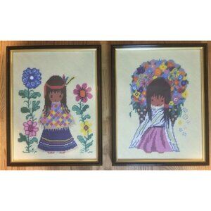 Ted DeGrazia Flower Girl Poncho Girl Finished Needlepoint Cross Stitch Framed